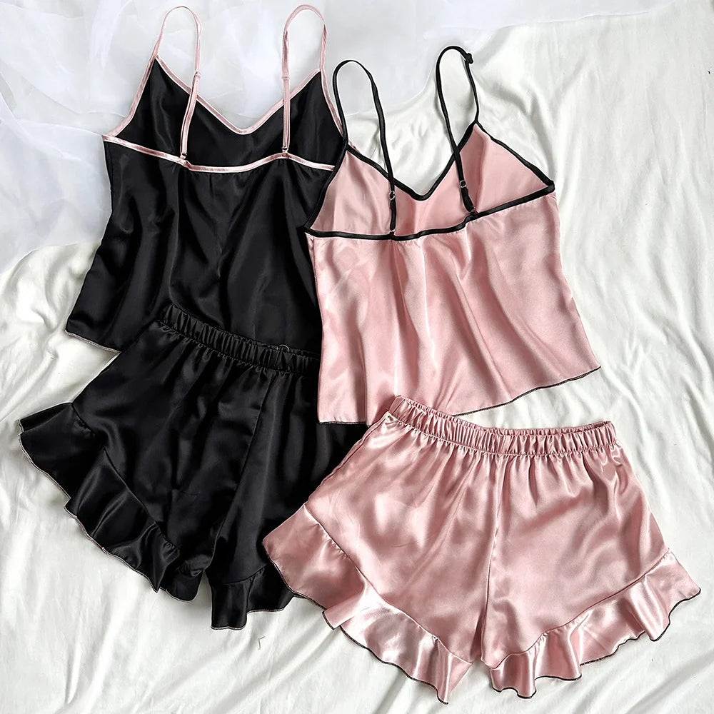 Satin V-Neck Pajama Set – Ruffled Top & Bow Shorts