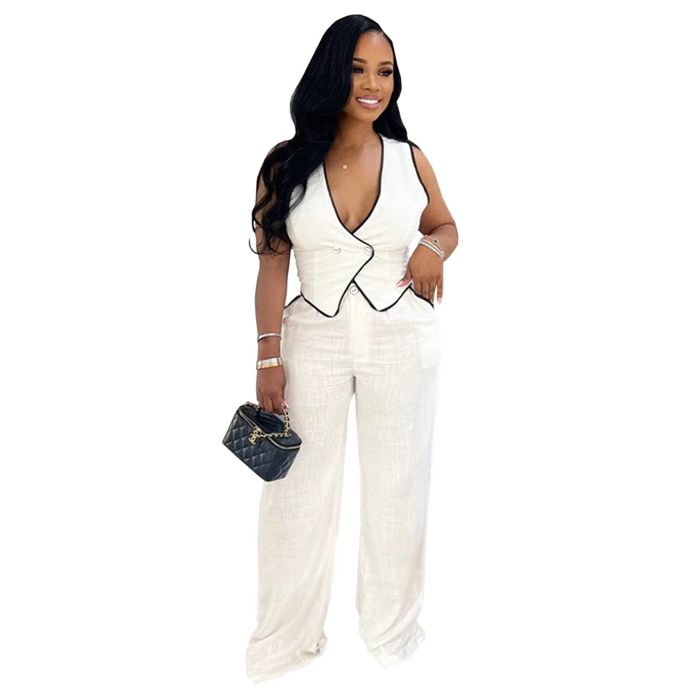 V-Neck Button Down Top & Pants Set – Casual Summer Loungewear