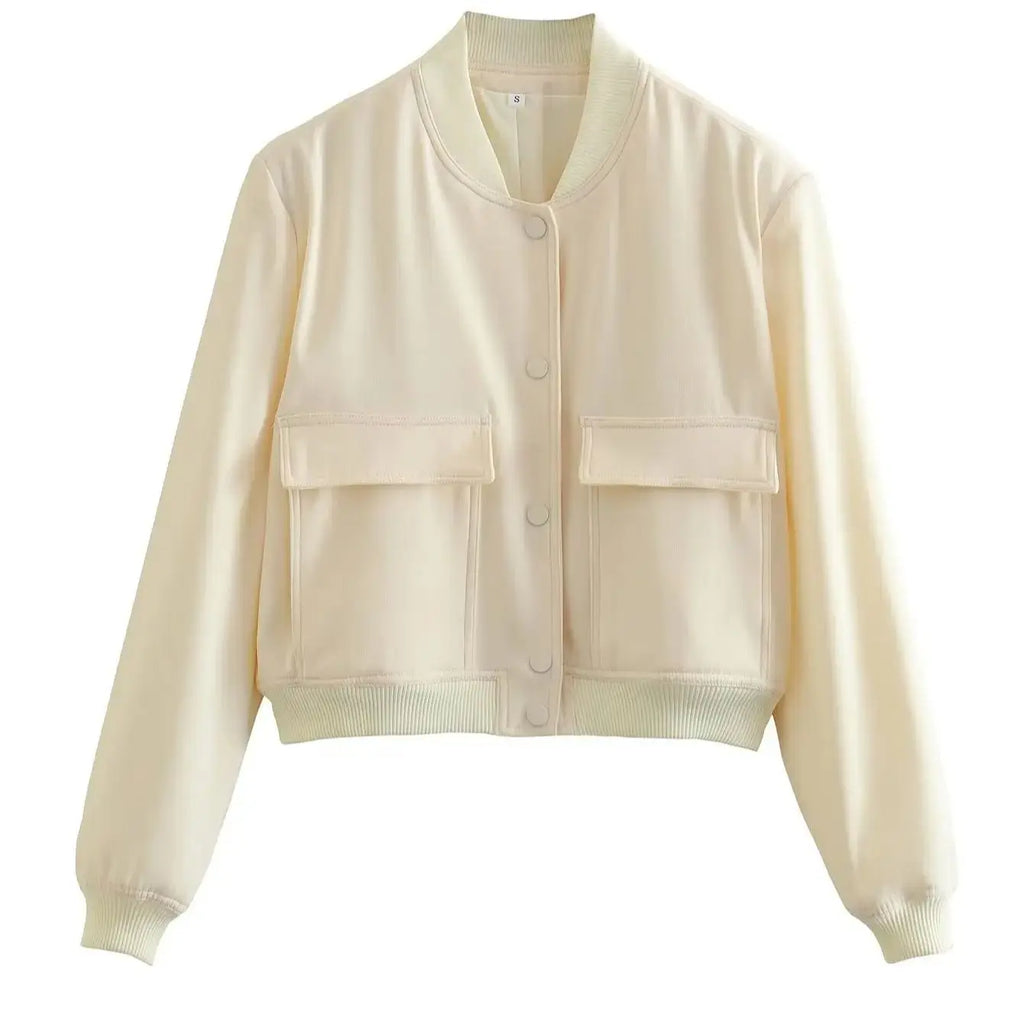 Women’s Cropped Bomber Jacket – White Button Baseball Style