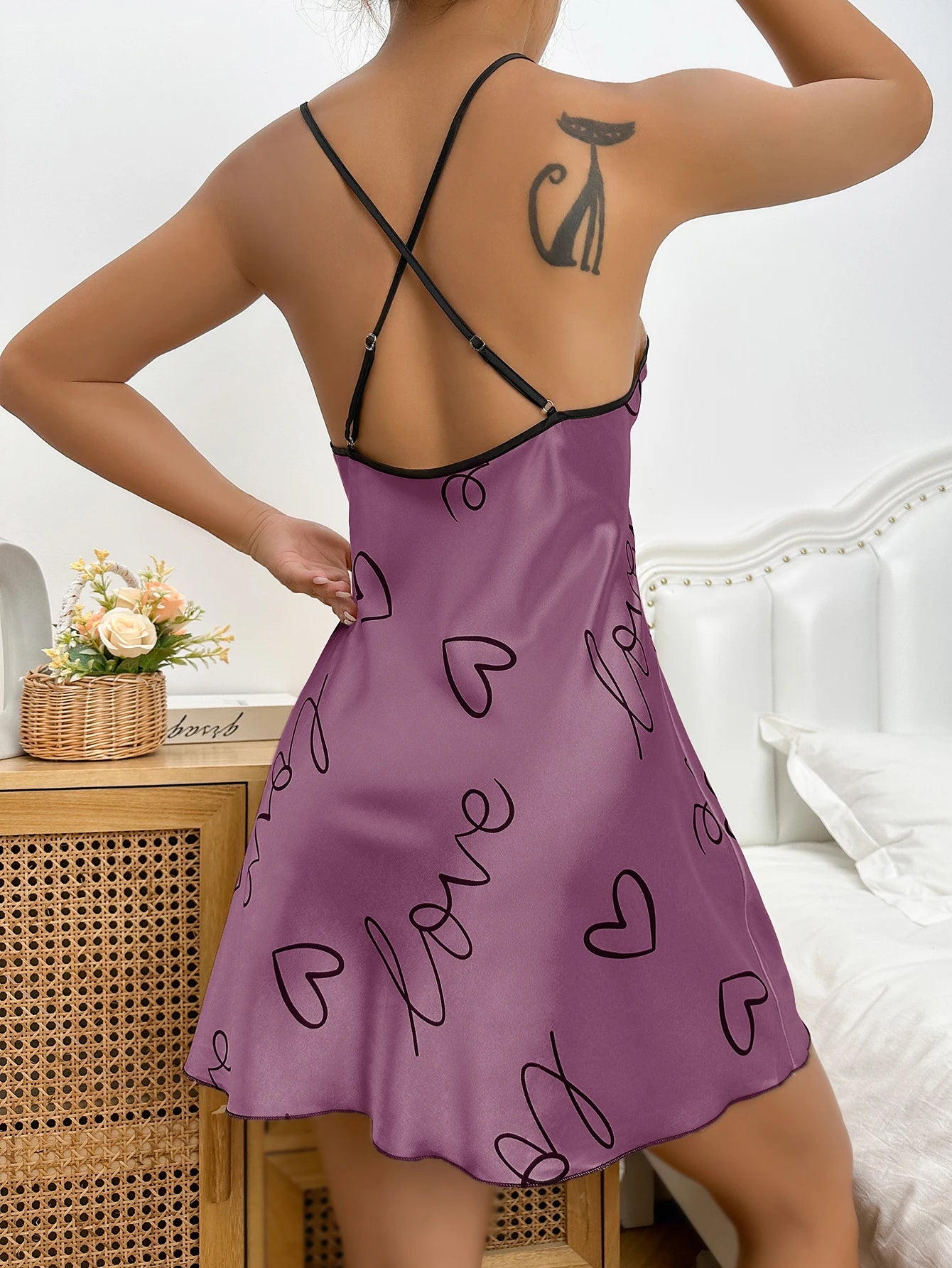 Heart Print Scoop Neck Crisscross Back NightdresS