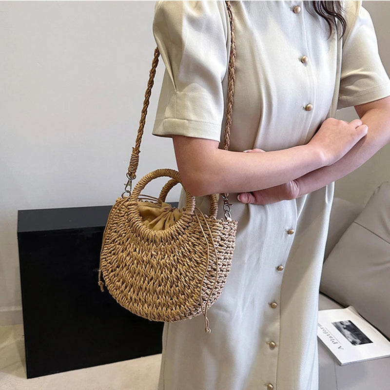 Handwoven Rattan Half-Moon Bag